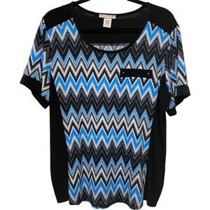 Claudia Richard Plus 1X Stretch Knit Top Blue Black Chevron Stripe Short SLV